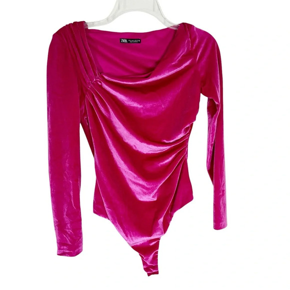 ZARA Pink Velvet Bodysuit Asymmetric Neck Long Sleeve Magenta Pink Size S - Picture 4 of 15